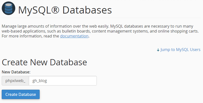 Define a new blog db under cPanel Define a new blog db under cPanel
