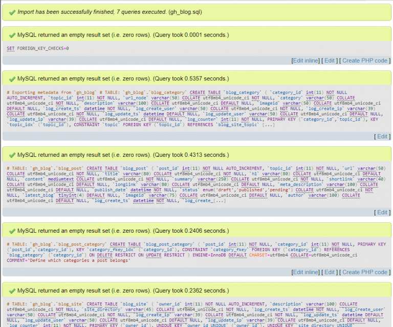 Messages showing that the database tables were loaded Messages showing that the database tables were loaded