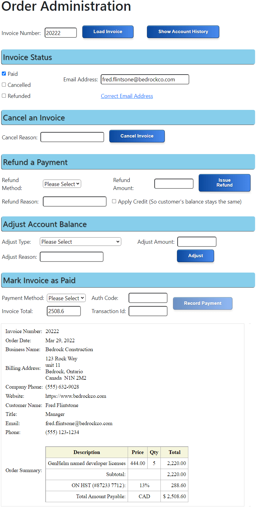 Sample Order Admin page Sample Order Admin page