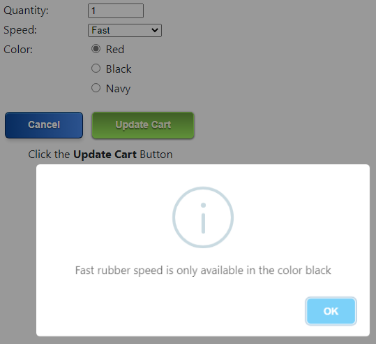 Example of a popup error message Example of a popup error message