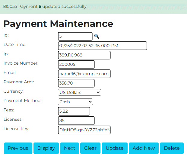 Generated form to maintain payments Generated form to maintain payments